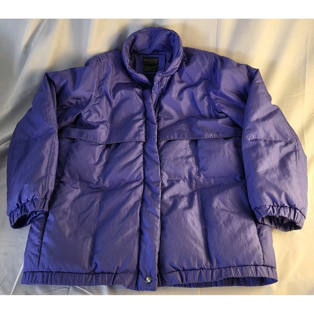 Vintage Womens M Down Jacket Blue Quilted Puffer Zip Coat Tuck Away Hood